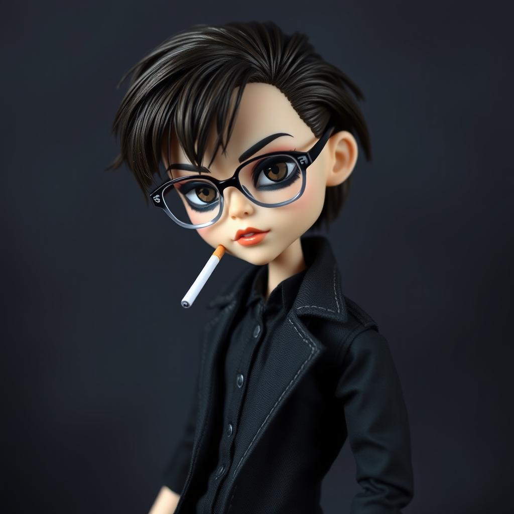 A boy Monster High doll styled as a modern vampire, featuring distinct dark brown hair styled messily with bangs and deep dark brown eyes