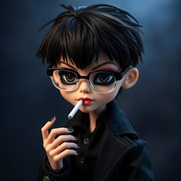A boy Monster High doll styled as a modern vampire, featuring distinct dark brown hair styled messily with bangs and deep dark brown eyes