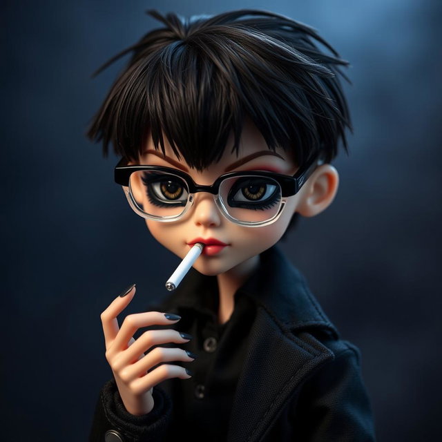 A boy Monster High doll styled as a modern vampire, featuring distinct dark brown hair styled messily with bangs and deep dark brown eyes