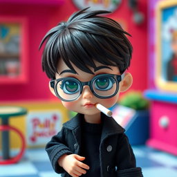 A boy Polly Pocket doll designed with distinctive features, including dark brown hair styled messily with bangs and deep dark brown eyes