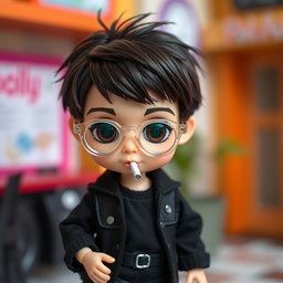A boy Polly Pocket doll designed with distinctive features, including dark brown hair styled messily with bangs and deep dark brown eyes