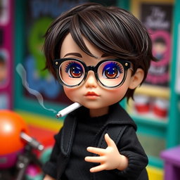A boy Polly Pocket doll designed with distinctive features, including dark brown hair styled messily with bangs and deep dark brown eyes
