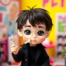 A boy Polly Pocket doll designed with distinctive features, including dark brown hair styled messily with bangs and deep dark brown eyes