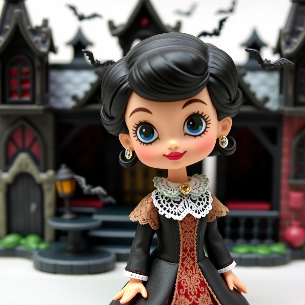 Claudia from Interview with the Vampire season 2 reimagined as a Polly Pocket doll, featuring her iconic Victorian-style dress with intricate lace details, a small frilly collar, and beautifully styled short hair