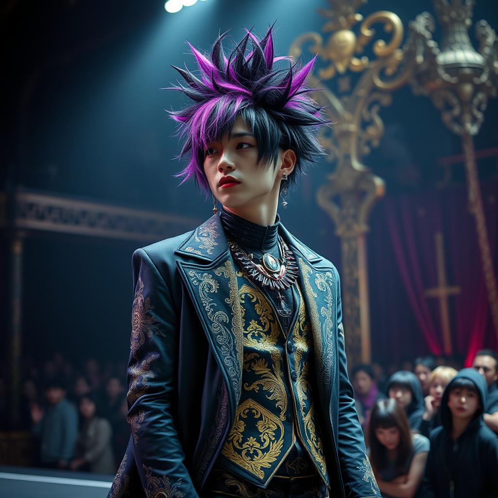 A striking visual kei artist inspired by Chanyeol from EXO, featuring flamboyant and theatrical fashion