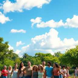A serene landscape featuring a bright blue sky with fluffy white clouds, symbolizing peace and harmony