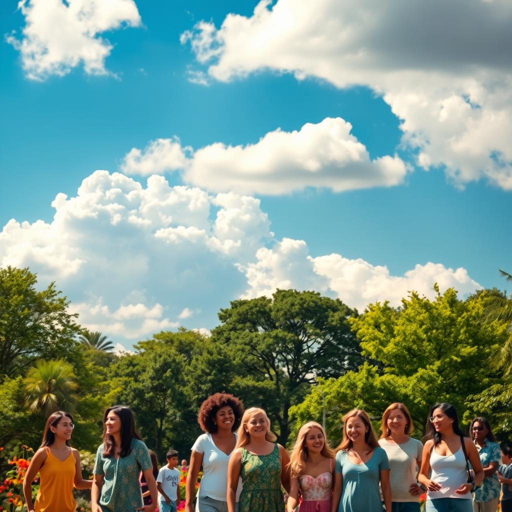 A serene landscape featuring a bright blue sky with fluffy white clouds, symbolizing peace and harmony