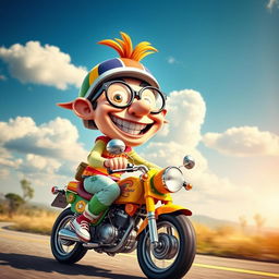 A whimsical and humorous character riding a colorful motorcycle, with a big grin on their face