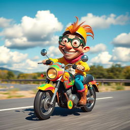 A whimsical and humorous character riding a colorful motorcycle, with a big grin on their face