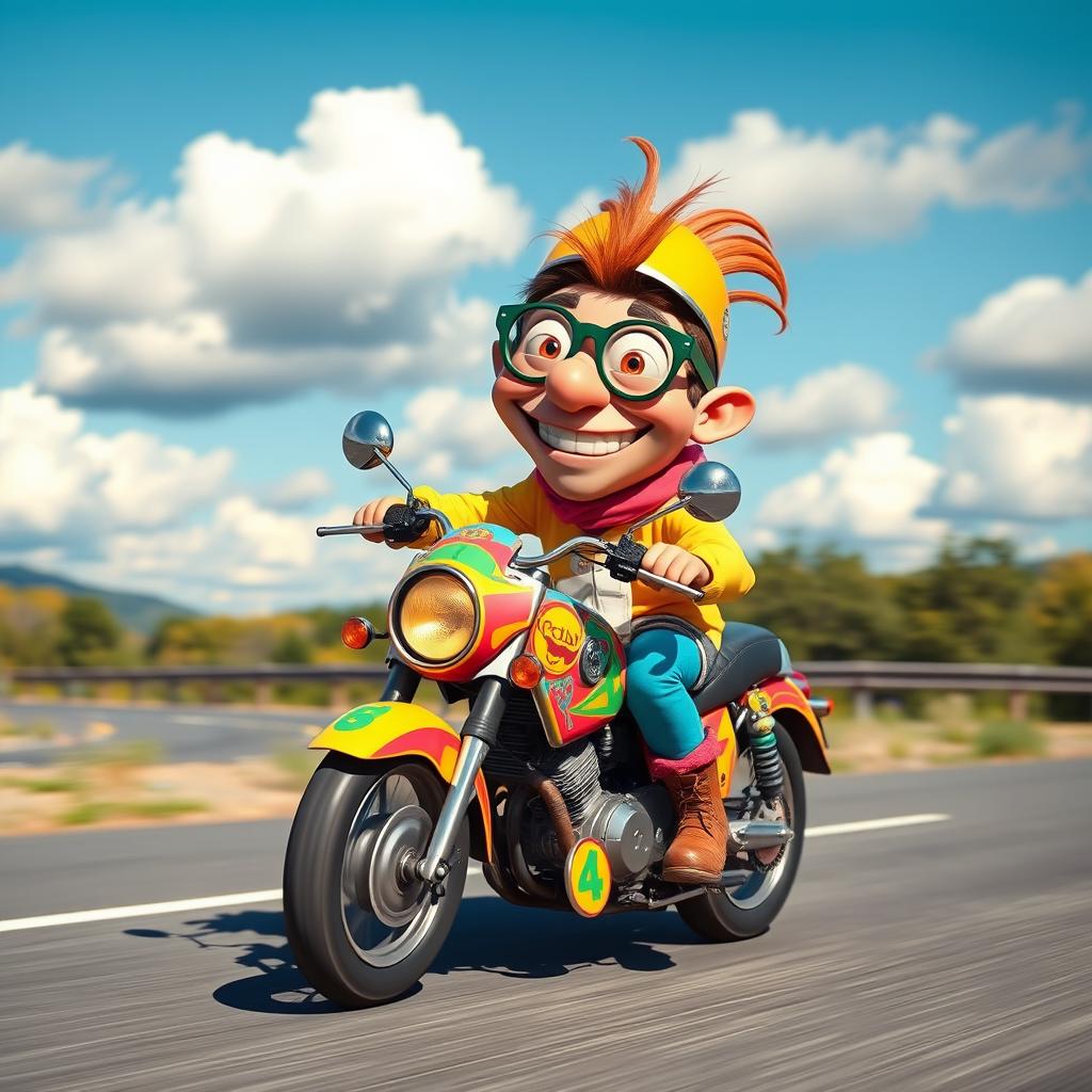 A whimsical and humorous character riding a colorful motorcycle, with a big grin on their face