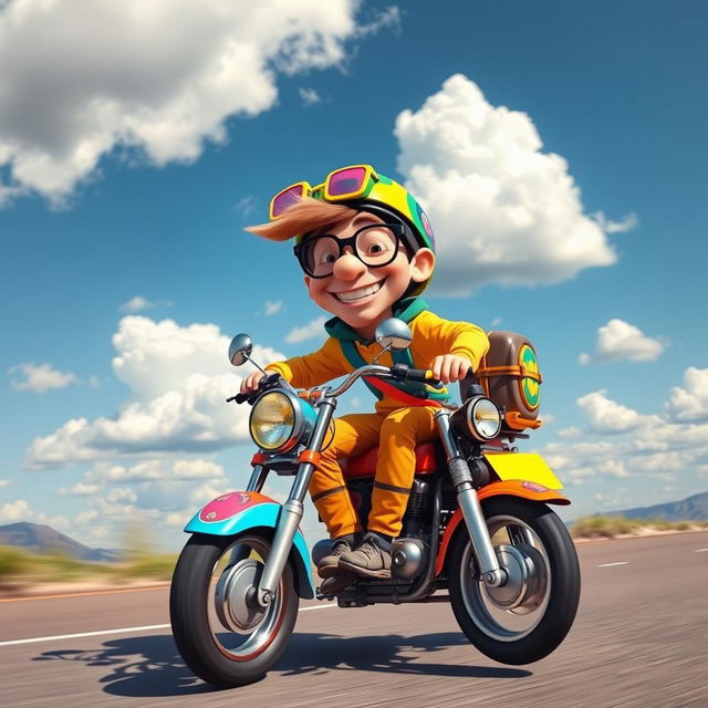 A whimsical and humorous character riding a colorful motorcycle, with a big grin on their face
