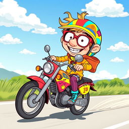 A whimsical and humorous character riding a colorful motorcycle, with a big grin on their face
