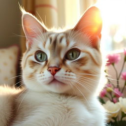 A luxurious, close-up shot of a delicate cat, showcasing its soft fur, striking green eyes, and elegant whiskers