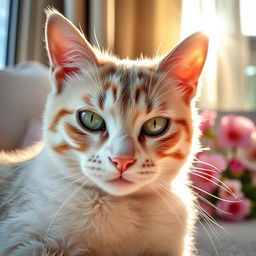 A luxurious, close-up shot of a delicate cat, showcasing its soft fur, striking green eyes, and elegant whiskers