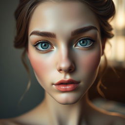 A close-up view focusing solely on a beautifully detailed head, showcasing intricate features including expressive eyes, a perfectly sculpted nose, and an elegant hairstyle