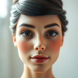 A close-up view focusing solely on a beautifully detailed head, showcasing intricate features including expressive eyes, a perfectly sculpted nose, and an elegant hairstyle