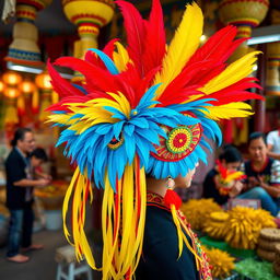 A vibrant and colorful image of a traditional Indonesian jambul (feathered headpiece) adorned with various intricate designs and patterns