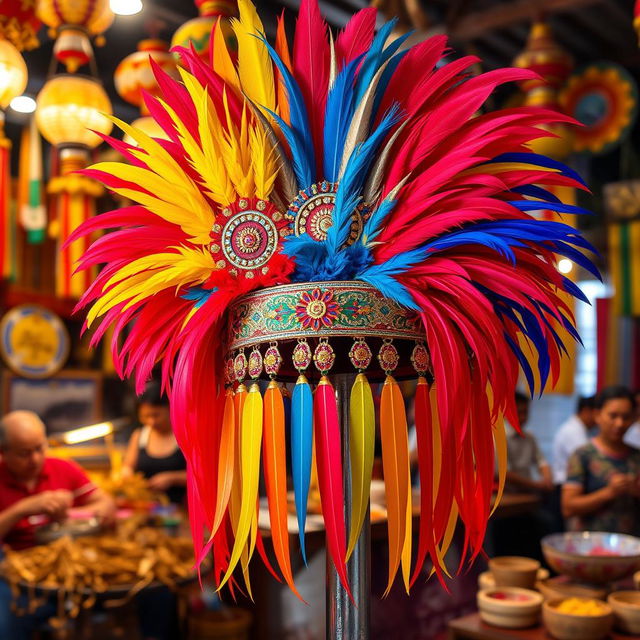 A vibrant and colorful image of a traditional Indonesian jambul (feathered headpiece) adorned with various intricate designs and patterns