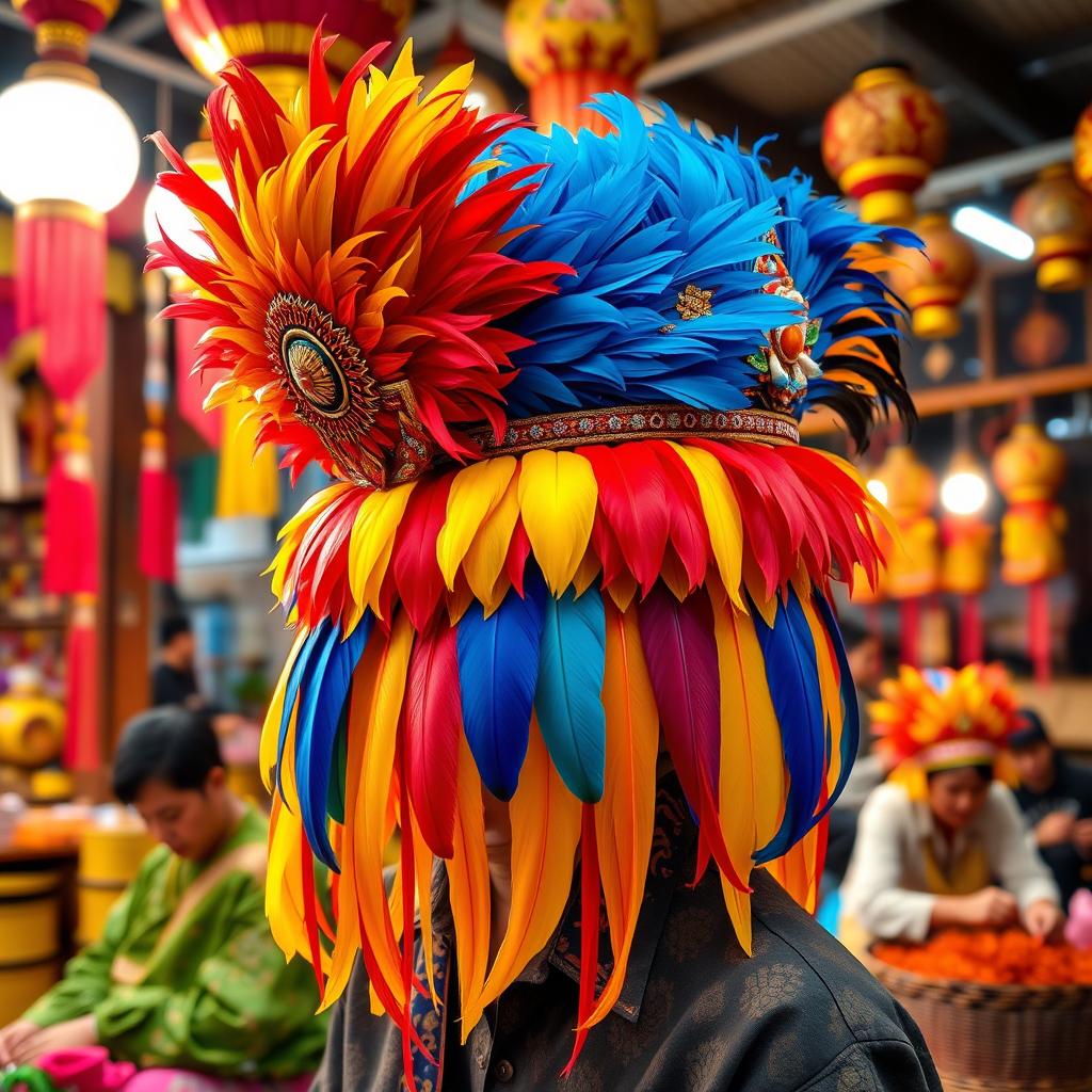 A vibrant and colorful image of a traditional Indonesian jambul (feathered headpiece) adorned with various intricate designs and patterns