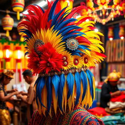 A vibrant and colorful image of a traditional Indonesian jambul (feathered headpiece) adorned with various intricate designs and patterns