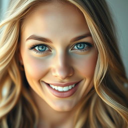 A close-up portrait of a beautiful woman with striking features, showcasing her mesmerizing blue eyes and flowing, wavy golden blonde hair