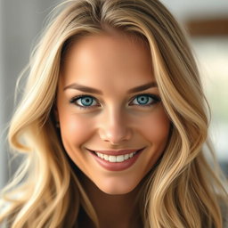 A close-up portrait of a beautiful woman with striking features, showcasing her mesmerizing blue eyes and flowing, wavy golden blonde hair