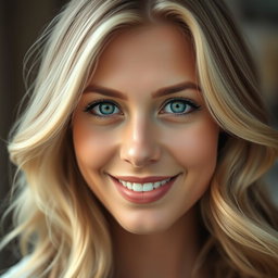 A close-up portrait of a beautiful woman with striking features, showcasing her mesmerizing blue eyes and flowing, wavy golden blonde hair