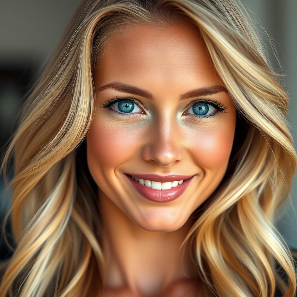 A close-up portrait of a beautiful woman with striking features, showcasing her mesmerizing blue eyes and flowing, wavy golden blonde hair