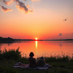 A beautiful sunset over a serene lake, with vibrant orange and pink hues reflecting off the calm water