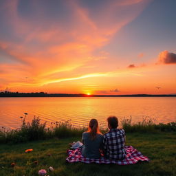A beautiful sunset over a serene lake, with vibrant orange and pink hues reflecting off the calm water