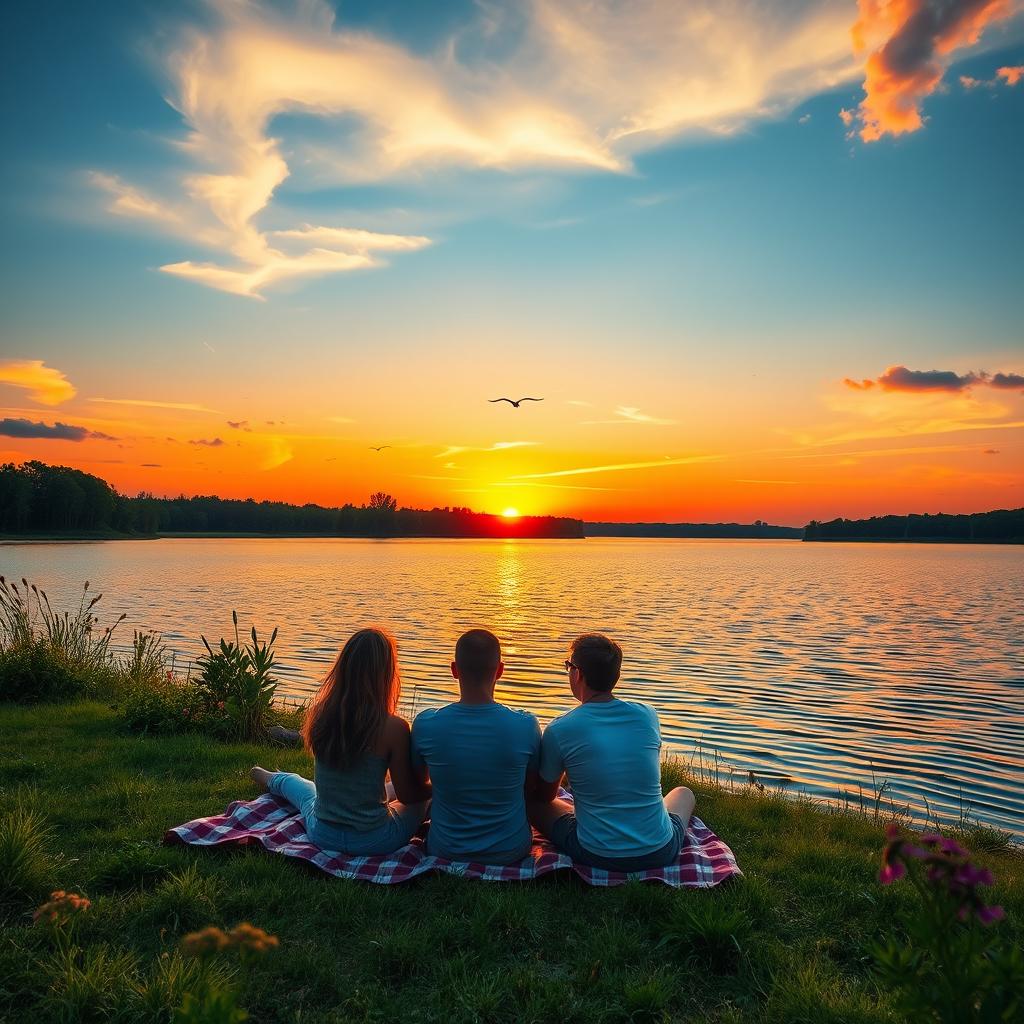 A beautiful sunset over a serene lake, with vibrant orange and pink hues reflecting off the calm water