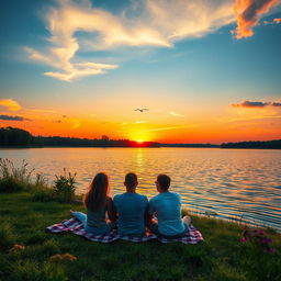 A beautiful sunset over a serene lake, with vibrant orange and pink hues reflecting off the calm water