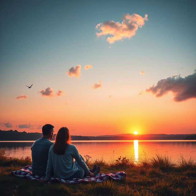 A beautiful sunset over a serene lake, with vibrant orange and pink hues reflecting off the calm water