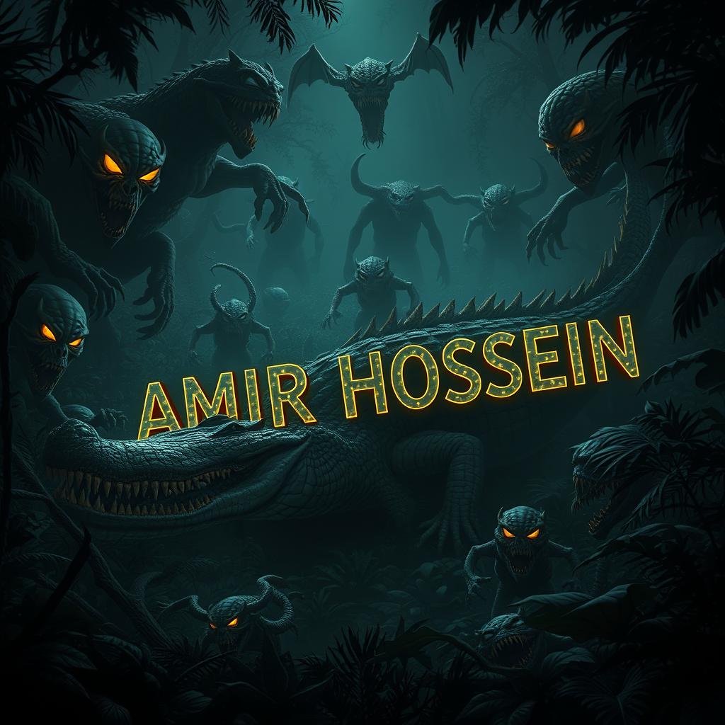 In a mystical jungle filled with eerie shadows and grotesque creatures, the name 'AMIR HOSSEIN' is ominously illuminated on a colossal, frightening crocodile