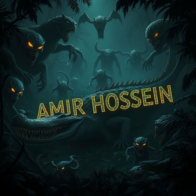 In a mystical jungle filled with eerie shadows and grotesque creatures, the name 'AMIR HOSSEIN' is ominously illuminated on a colossal, frightening crocodile