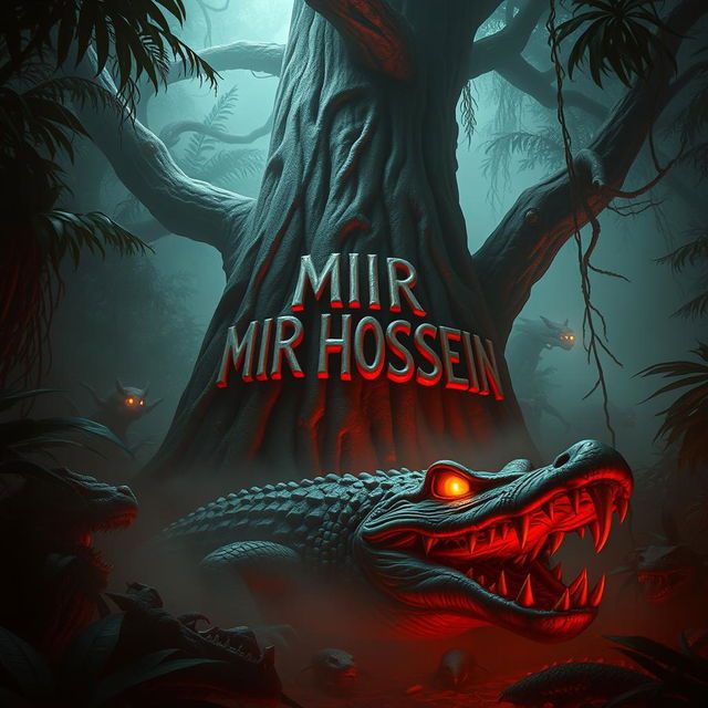 A terrifying jungle scene featuring the name 'AMIR HOSSEIN' intricately carved into a large, ominous tree
