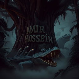 A terrifying jungle scene featuring the name 'AMIR HOSSEIN' intricately carved into a large, ominous tree