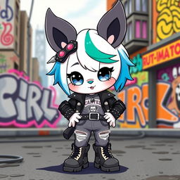 A cute anthropomorphic character inspired by Cinnamoroll, dressed in punk style