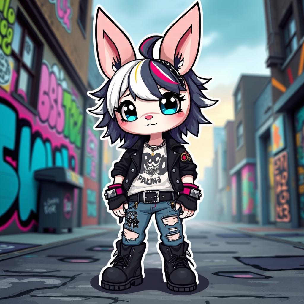 A cute anthropomorphic character inspired by Cinnamoroll, dressed in punk style