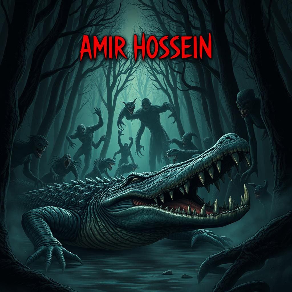 A dark and eerie forest filled with terrifying creatures and monsters, where the name 'AMIR HOSSEIN' is ominously featured