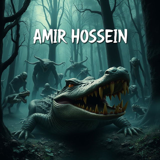 A dark and eerie forest filled with terrifying creatures and monsters, where the name 'AMIR HOSSEIN' is ominously featured