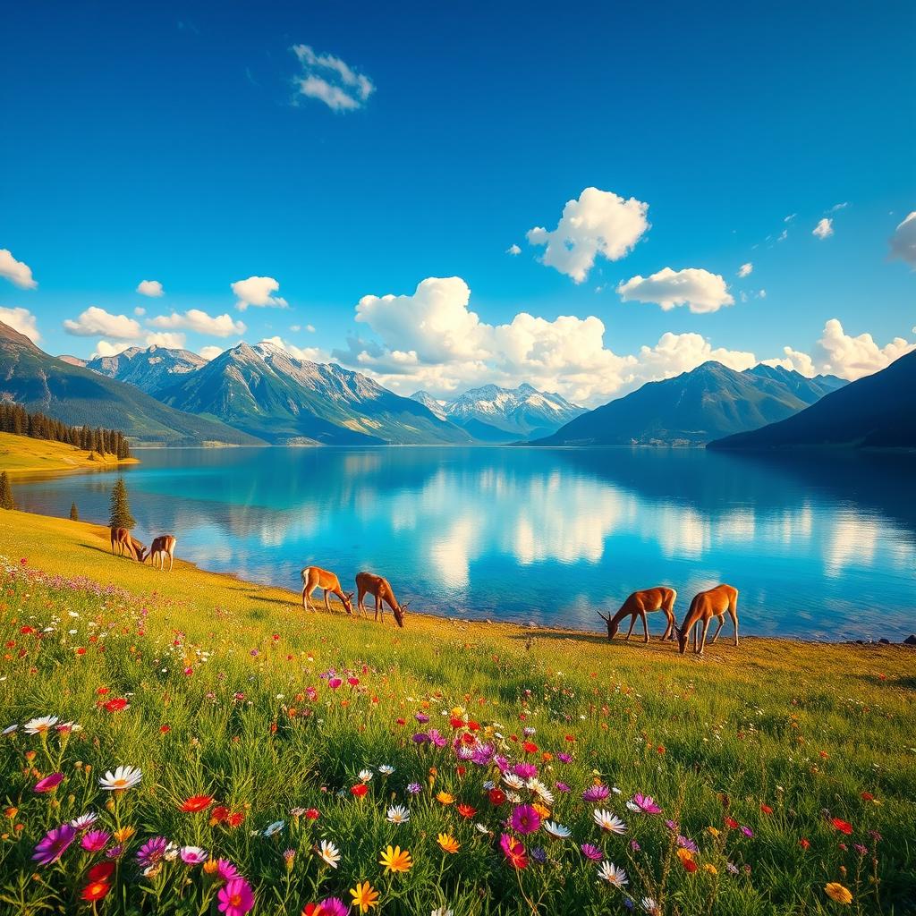 A vibrant and colorful photograph depicting a serene landscape featuring a crystal-clear lake surrounded by majestic mountains under a bright blue sky with fluffy white clouds