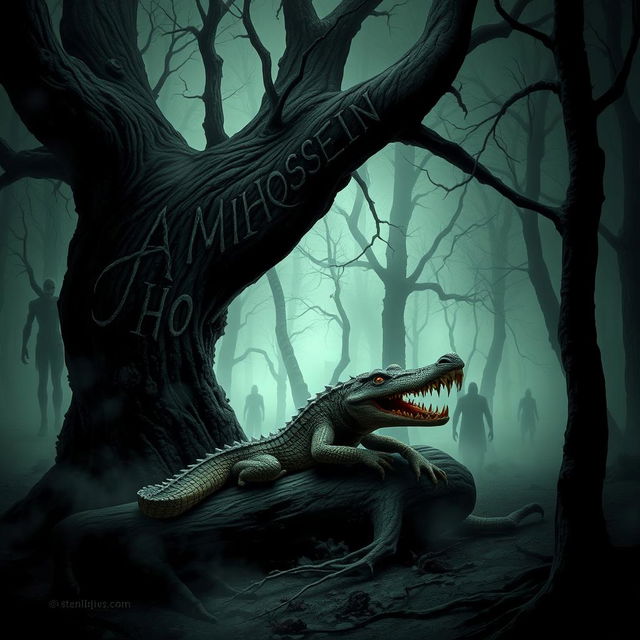 A dark and eerie forest filled with terrifying creatures and monsters lurking in the shadows
