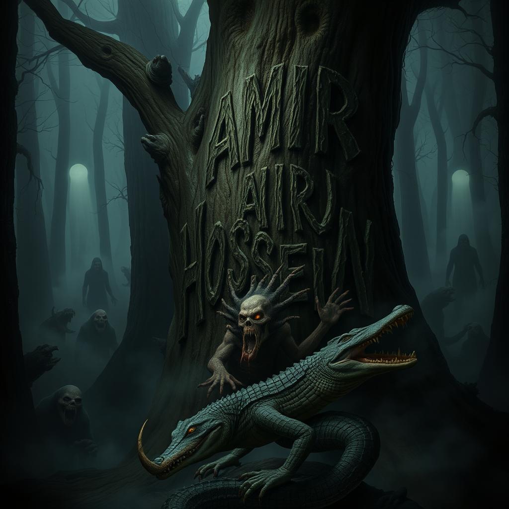 A dark and eerie forest filled with terrifying creatures and monsters lurking in the shadows