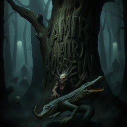 A dark and eerie forest filled with terrifying creatures and monsters lurking in the shadows
