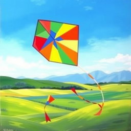 A vibrant painting depicting a colorful kite soaring high in a bright blue sky, representing joy and freedom