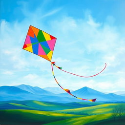 A vibrant painting depicting a colorful kite soaring high in a bright blue sky, representing joy and freedom