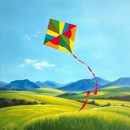 A vibrant painting depicting a colorful kite soaring high in a bright blue sky, representing joy and freedom