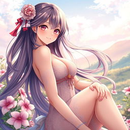 An artistic depiction of a beautiful anime-style character with an elegant pose, emphasizing the curves and colors of her body while keeping the image tasteful and artistic