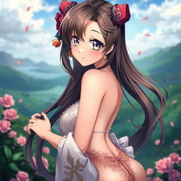 An artistic depiction of a beautiful anime-style character with an elegant pose, emphasizing the curves and colors of her body while keeping the image tasteful and artistic